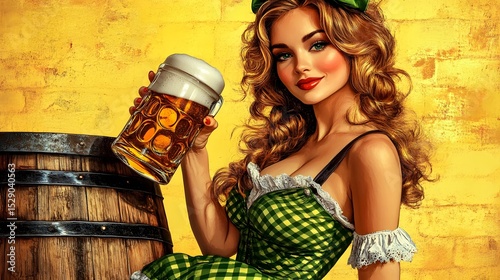 Pin-up girl in green dress, beer stein, barrel.