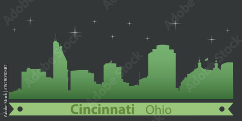 stylized night skyline of Cincinnati, Ohio with green silhouette of buildings on a dark background against the sky with several stars and green ribbon for text