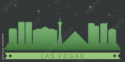 a stylized silhouette of the Las Vegas skyline in green and dark colors with stars in the background