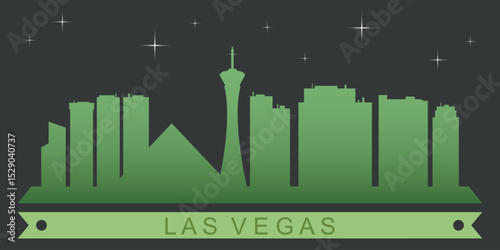 a stylized silhouette of the Las Vegas skyline in green and dark colors with stars in the background