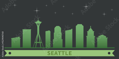 the silhouette of the city of SEATTLE with a green outline of skyscrapers on a dark background. Above the silhouette is a ribbon with the inscription “SEATTLE” in the same green color.