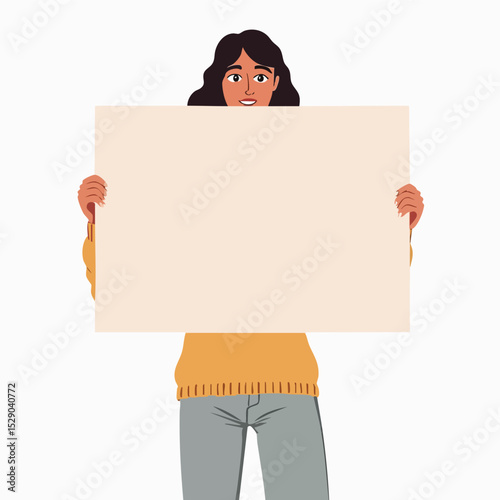 Woman with Long Hair Presenting Empty Banner - Flat Style Illustration