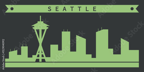 the silhouette of the city of SEATTLE with a green outline of skyscrapers on a dark background. Above the silhouette is a ribbon with the inscription “SEATTLE” in the same green color.