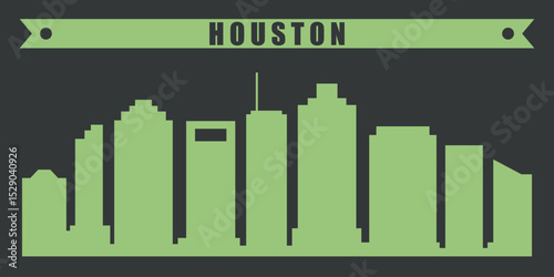 the silhouette of the city of Houston with a green outline of skyscrapers on a dark background. Above the silhouette is a ribbon with the inscription “HOUSTON” in the same green color.
