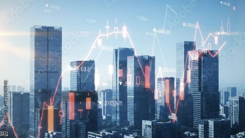 Futuristic city skyline with animated financial data overlays, energetic urban market