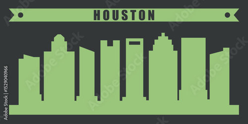 the silhouette of the city of Houston with a green outline of skyscrapers on a dark background. Above the silhouette is a ribbon with the inscription “HOUSTON” in the same green color.