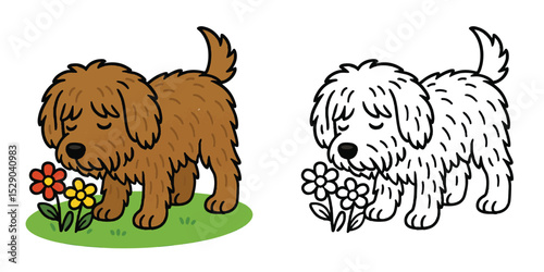 Coloring Book For Kids Cartoon Shaggy dog sniffing flowers Outline Vector Design