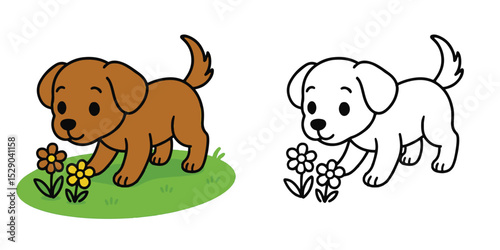 Coloring Book For Kids Cartoon Tiny pup exploring field Outline Vector Design