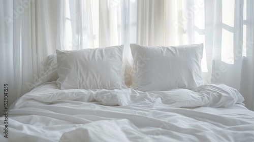A serene image of a casually unmade white bed  drenched in soft natural light  offers a peaceful and inviting atmosphere perfect for a restful retreat.