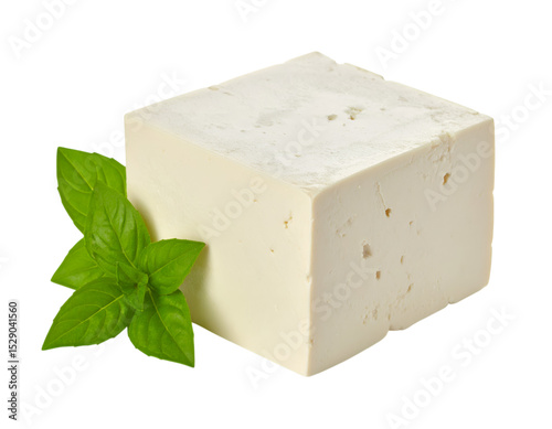 Fresh Tofu with Basil: A cube of fresh, creamy tofu rests beside a sprig of vibrant, aromatic basil leaves, an appetizing depiction of wholesome ingredients, ready to be savored.