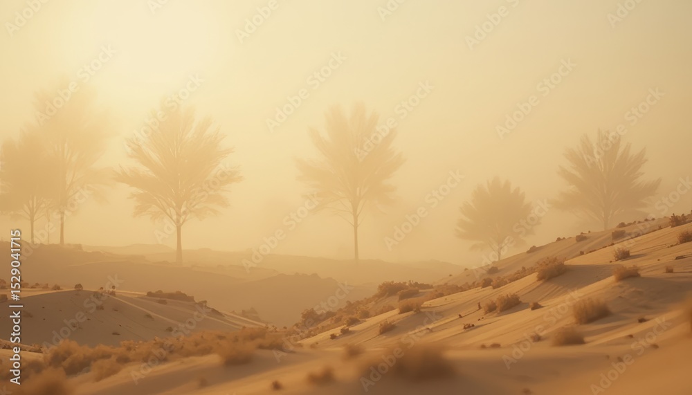 Obraz premium Hazy Desert Landscape Golden Sunrise over Palm Trees