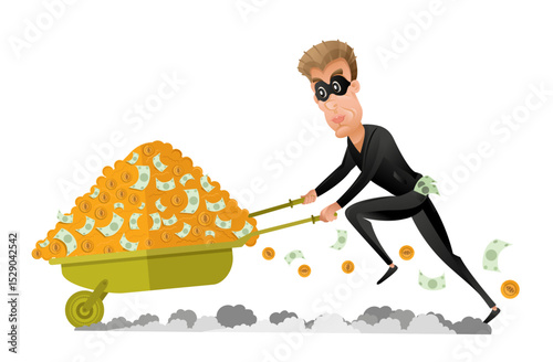 Vector illustration of a cartoon-style thief wearing a mask and black outfit, escaping with a wheelbarrow overflowing with cash and dollar bills. Perfect for concepts of robbery, crime, financial frau
