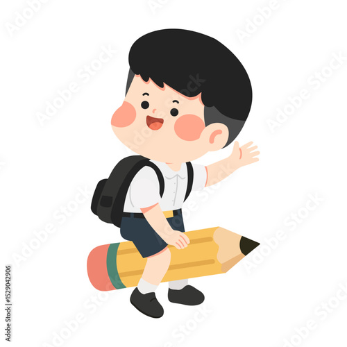 Illustration of Schoolboy Riding a Pencil