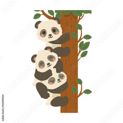 Illustration of Three Pandas Climbing a Tree