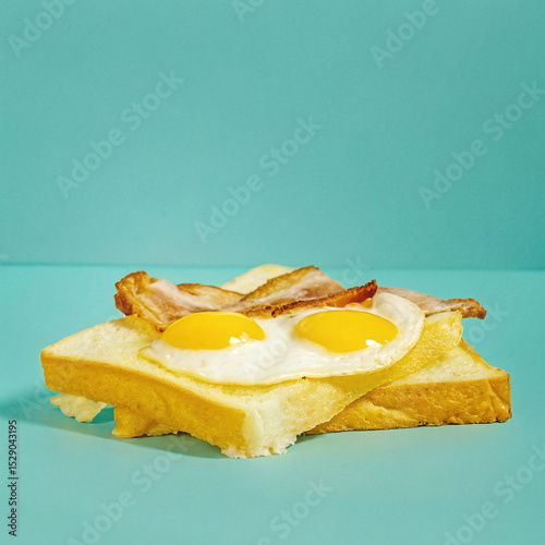 Fried Eggs and Bacon on Toast with Blue Background