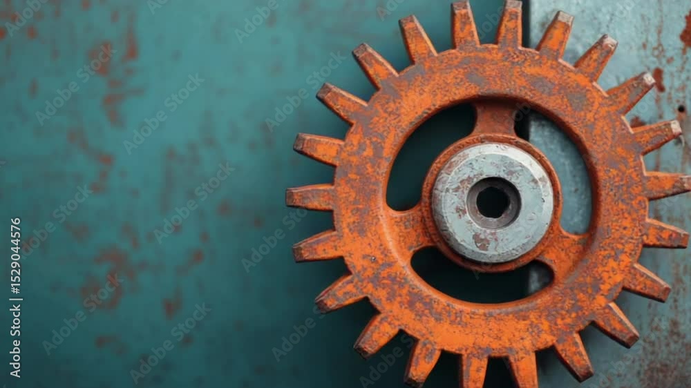 A close-up of a rusty metal gear against a blue, weathered background, highlighting corrosion and industrial wear.