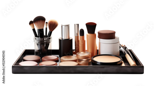 Arrangement of makeup brushes and cosmetics on a black rectangular tray