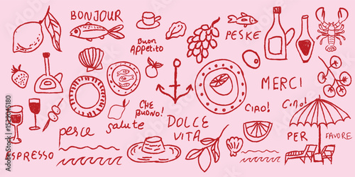 Hand-drawn Italian summer vacation illustrations in vintage chalk and charcoal sketch style. Grunge doodle icons include lemon, wine, sea, palm, waves—for posters, travel menus, retro coastal design.