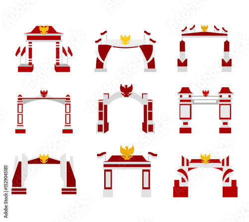 A festive set of Indonesia Independence Day gate (gapura) decoration illustrations, featuring traditional red and white themes, Ideal for national events, cultural displays, and patriotic designs.