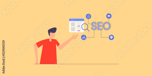 Digital strategist reaches towards website, word SEO connects to key optimization elements and marketing components.  