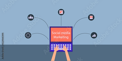 Professional hands on keyboard, social media marketing displays on laptop screen, strategically linked to a network of digital outreach tools.