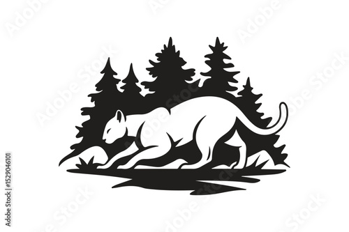  Majestic Mountain Lion Silhouette Design Roaming Through a Serene Forest Landscape Illustration