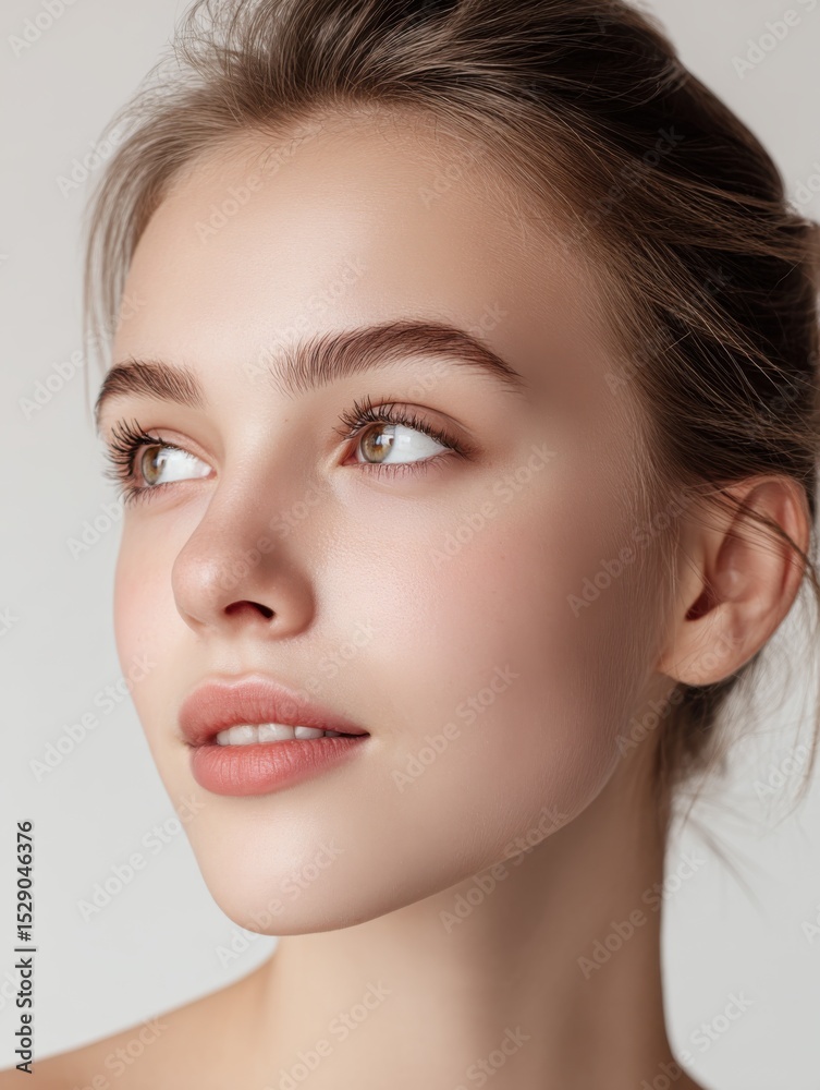 Fototapeta premium Young Woman With Clear Skin Looking Away, Ideal For Beauty Product Marketing And Skincare Advertising Campaigns : Generative AI