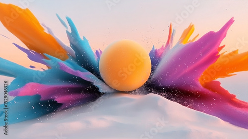 Vibrant Abstract Splash with Yellow Sphere and Color Explosion on Pastel Background
