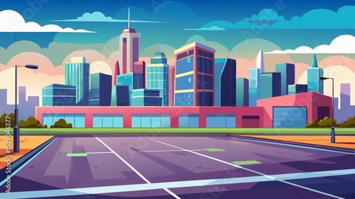 Modern Cityscape with Empty Road and Skyscrapers - Vector Illustration

