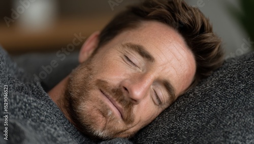 Man Sleeping Peacefully on Sofa, Representing Relaxation, Wellness, and a Moment of Tranquility for Mental Health Awareness Campaigns : Generative AI
