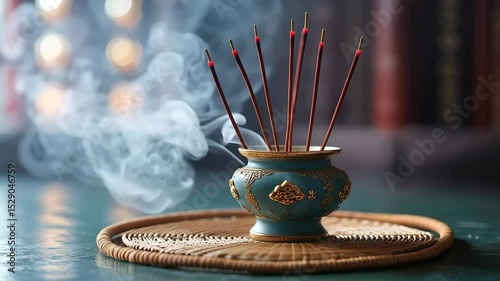 Aromatic incense sticks burning gently with smoke rising from a decorative pot on a woven mat suitable for spiritual or tranquil themes.