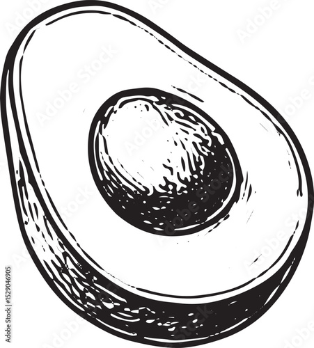A detailed hand-drawn sketch of a tropical avocado half with textured skin and pit, rendered in black-and-white. Ideal for culinary art, packaging, or nature-inspired designs, this organic fruit illus
