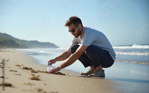 Man is Squatting While Picking Up Plastic Bottle From Sandy Beach : Suitable for Be Used in Blog Posts, Social Media Posts or Website Content Related to the Environment Theme. High quality