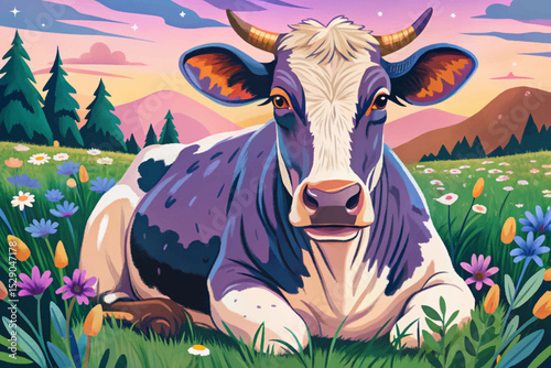 Vector illustration of a cow peacefully lying in a green summer meadow perfect for farm scenes, rural landscapes, nature posters, and educational content