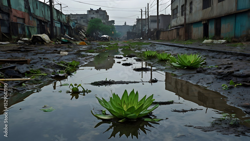 Wallpaper Mural A detailed, high-resolution image depicting a dirty, gloomy slum-like garbage dump filled with plastic waste, rotten debris, and overgrown green plants. The polluted environment is surrounded by old,  Torontodigital.ca