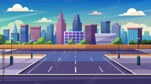 Modern Cityscape with Empty Road and Skyscrapers - Vector Illustration

