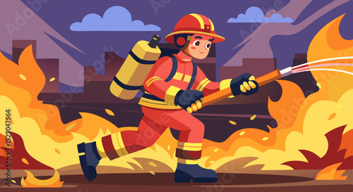 Brave Firefighter Battling Flames with Hose – Vector Illustration
