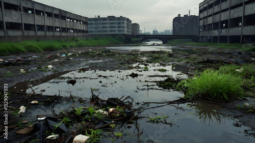 A detailed, high-resolution image depicting a dirty, gloomy slum-like garbage dump filled with plastic waste, rotten debris, and overgrown green plants. The polluted environment is surrounded by old, 