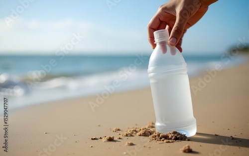 Hands is Picking Up Plastic Bottle From Sandy Beach : Suitable for Be Used in Blog Posts, Social Media Posts or Website Content Related to the Environment Theme. High quality