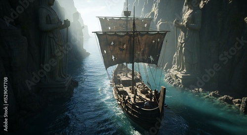 An ancient ship navigating a narrow strait guarded by towering stone statues