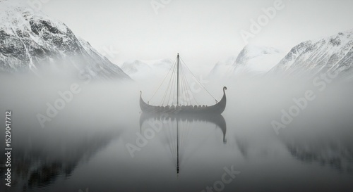 A ghostly Viking longship shrouded in northern mist, drifting near an icy fjord