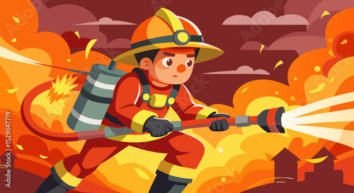 Brave Firefighter Battling Flames with Hose – Vector Illustration