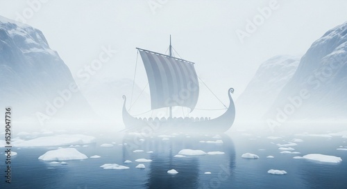 A ghostly Viking longship shrouded in northern mist, drifting near an icy fjord