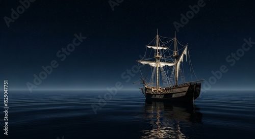 A lone ancient sailboat adrift in a calm sea under a starlit sky
