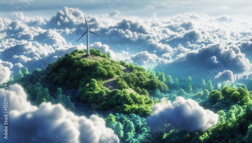 Wind turbine on a green hilltop surrounded by a sea of clouds, showcasing renewable energy.