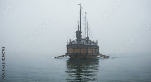 A Korean geobukseon (turtle ship) launching into a foggy bay