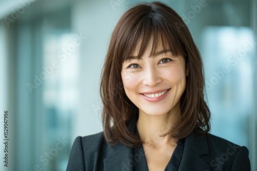 Smiling Asian Businesswoman in Blazer, Representing Professionalism and Corporate Leadership, Ideal for Recruitment and Career Development Materials : Generative AI