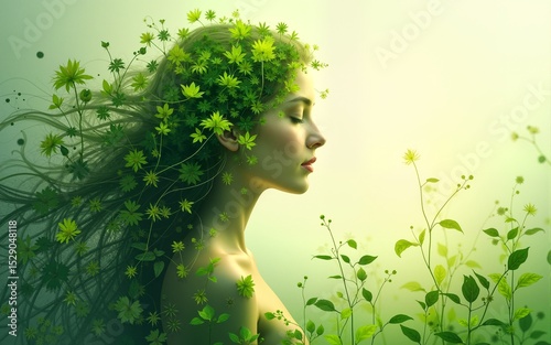 Artistic illustration of a serene woman with flowing green hair composed of leaves and plants in a peaceful nature scene emphasizing eco-friendly and nature connection themes. High quality