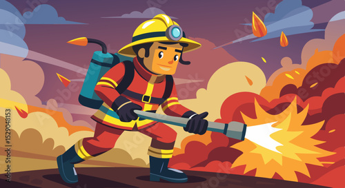 Brave Firefighter Battling Flames with Hose – Vector Illustration