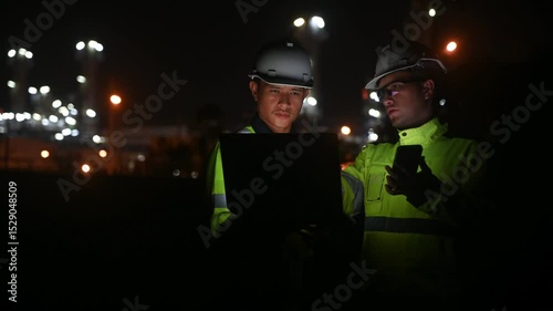 Two engineers are standing working in front of an industrial plant at night